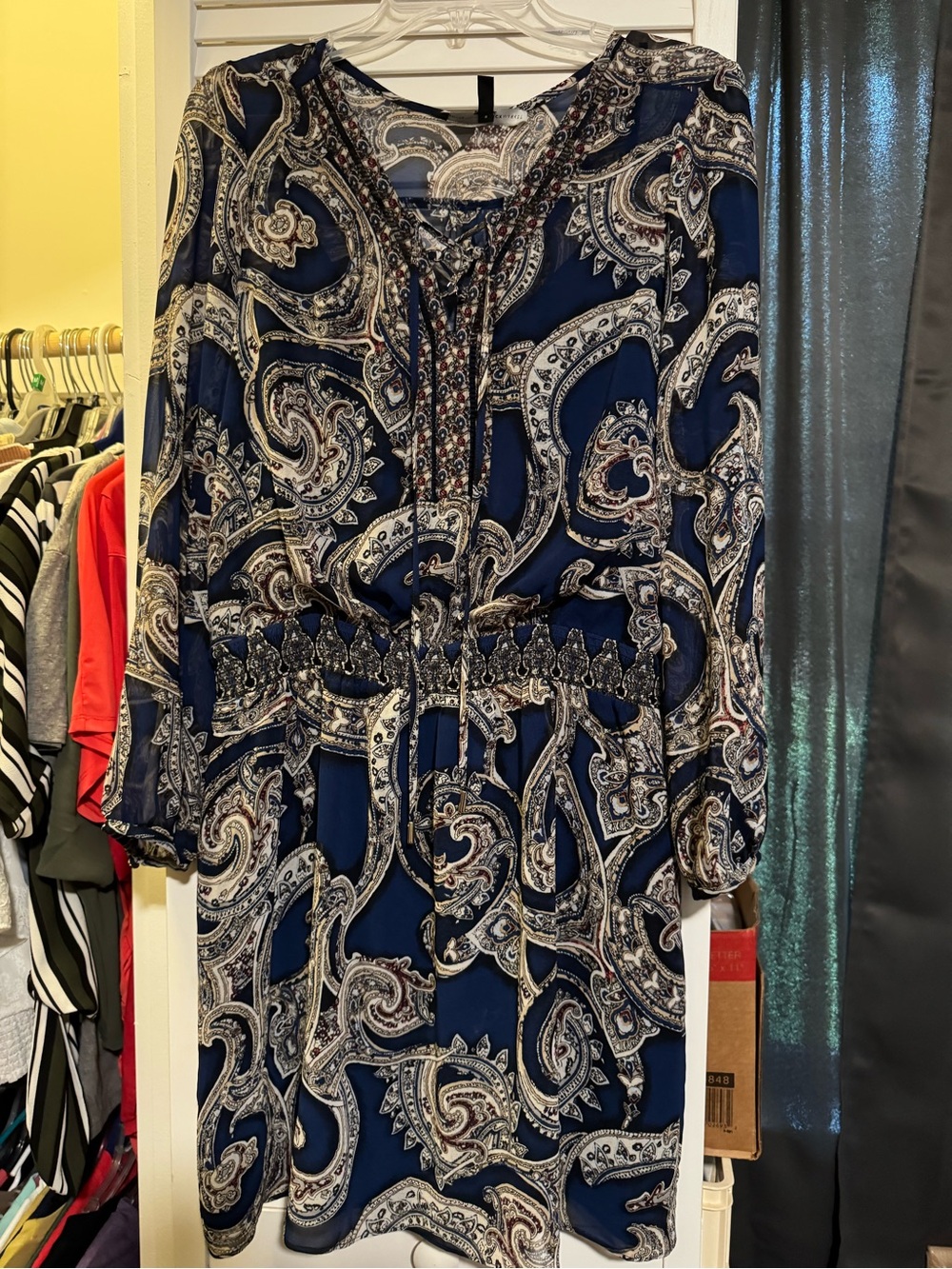 White House Black Market Navy Paisley Tie-Front Long Sleeve Dress